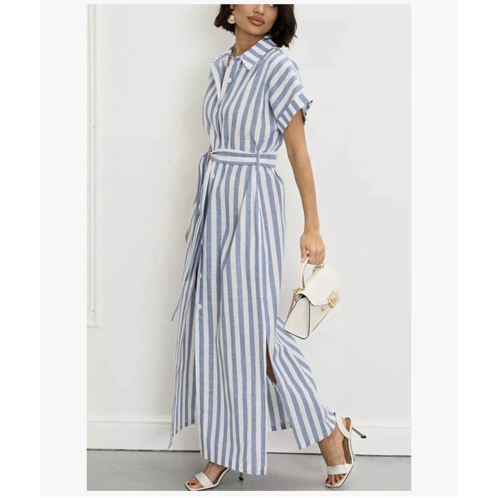 Utcoco Blue White Striped Cotton Belted Short Sleeve Maxi Shirt Dress Plus XXL